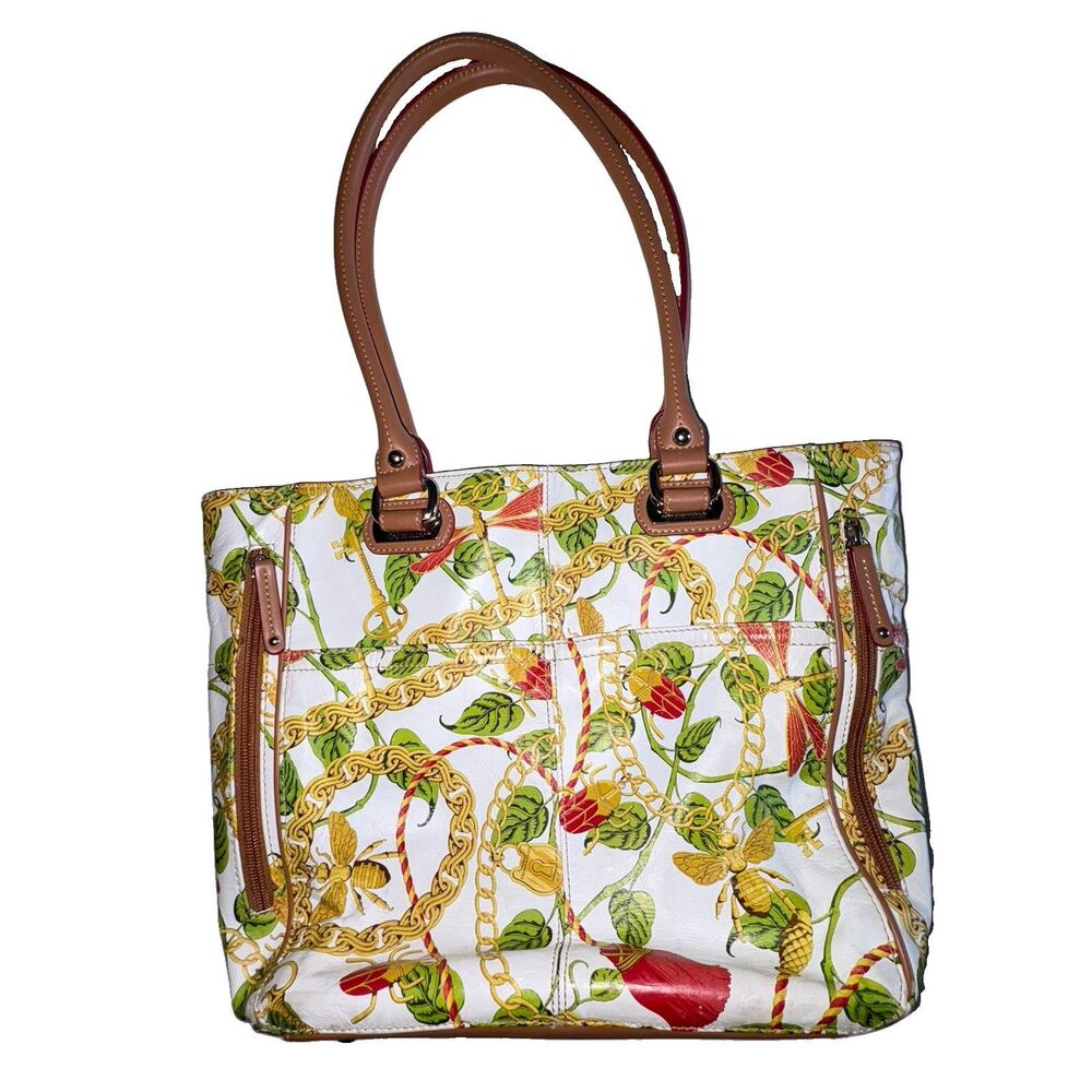 Tignanello Leather Dragonfly Bee Insect Chain Print Purse Tote Hand Bag